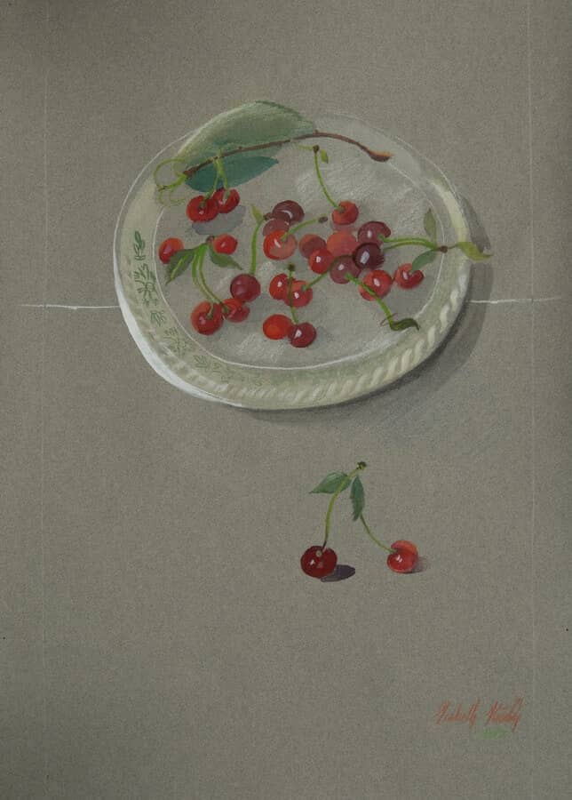 Obraz Izabelli Kierskiej pt. 'Tańczące Wiśnie' - martwa natura z wiśniami