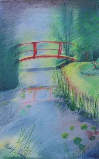 Obraz Izabelli Kierskiej pt. 'Mostek' - pejzaż z mostkiem nad rzeką