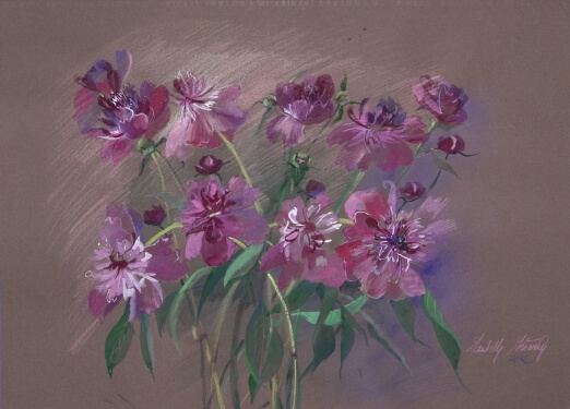 Obraz Izabelli Kierskiej pt. 'Piwonie' - martwa natura z bukietem piwonii