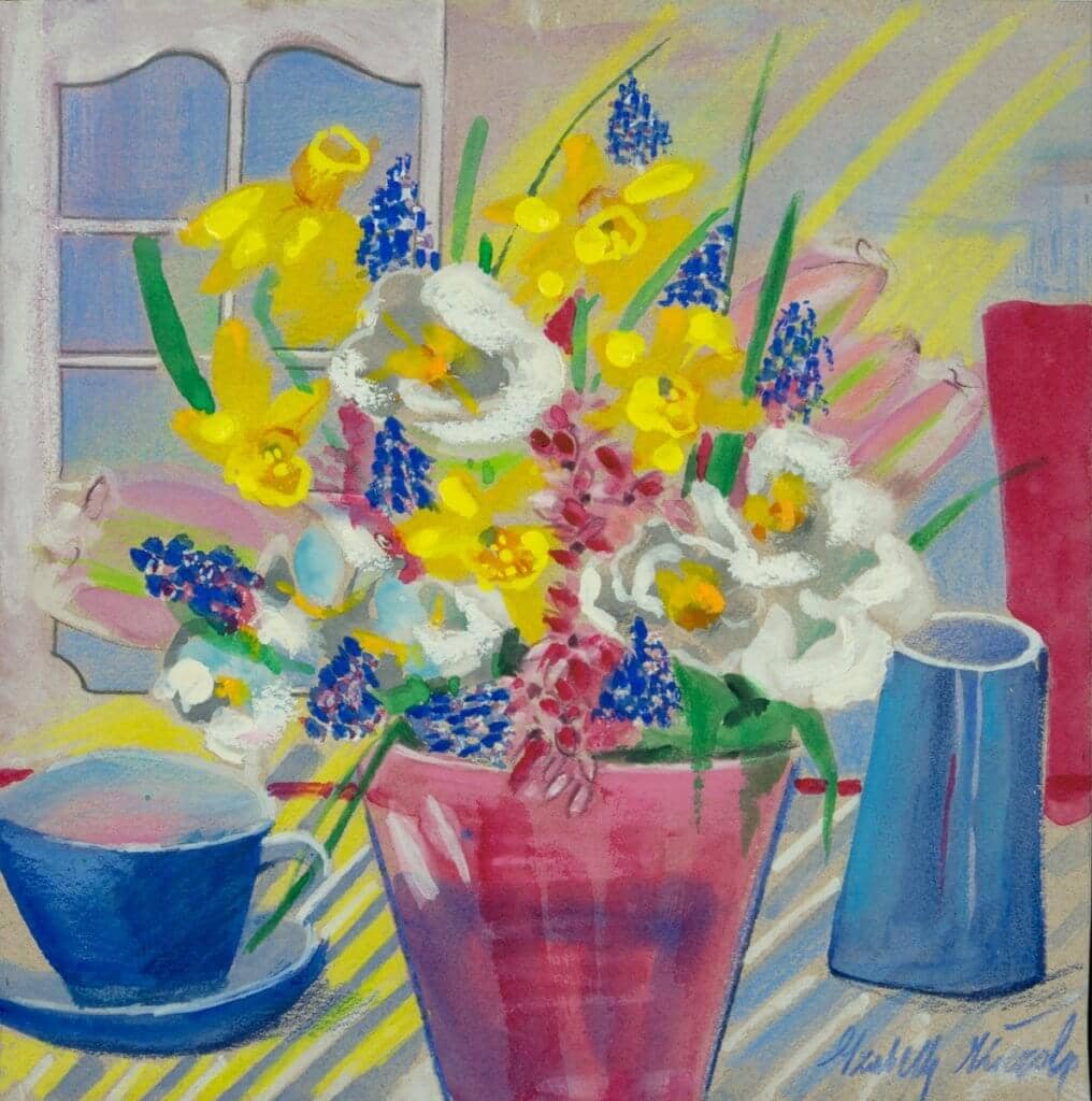 Obraz Izabelli Kierskiej pt. 'Wiosenny Bukiet' - martwa natura z wiosennymi kwiatami