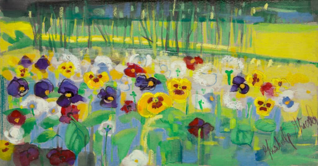 Obraz Izabelli Kierskiej pt. 'Bratki' - martwa natura z bratkami