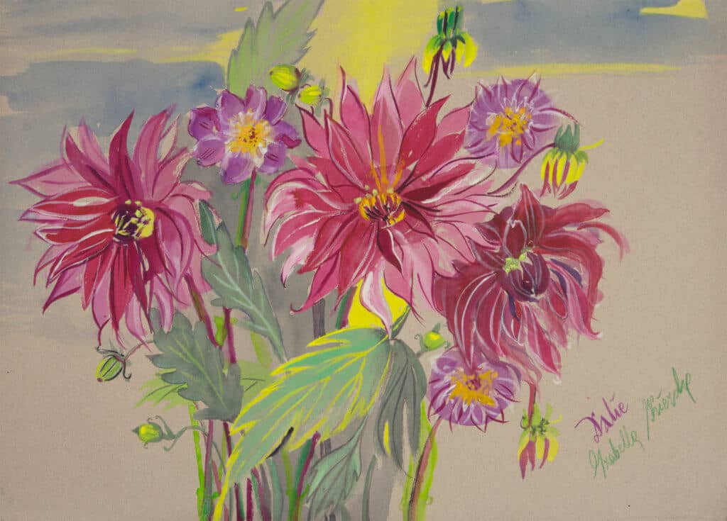 Obraz Izabelli Kierskiej pt. 'Dalie' - martwa natura z bukietem dalii