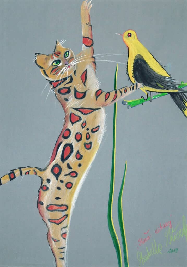 Obraz Izabelli Kierskiej pt. 'Kocie Zabawy' - malarstwo z motywem kotów