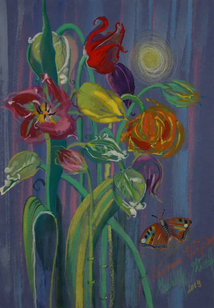 Obraz Izabelli Kierskiej pt. 'Wieczorne Tulipany' - martwa natura z tulipanami