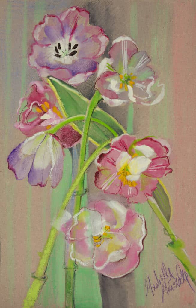 Obraz Izabelli Kierskiej pt. 'Różowe Tulipany' - martwa natura z bukietem różowych tulipanów