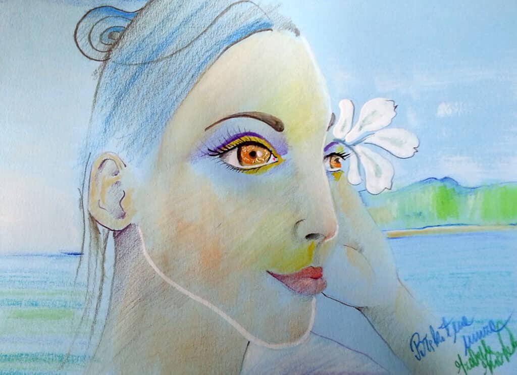 Obraz Izabelli Kierskiej pt. 'Błękitna Muza' - portret kobiety w błękitnych tonach