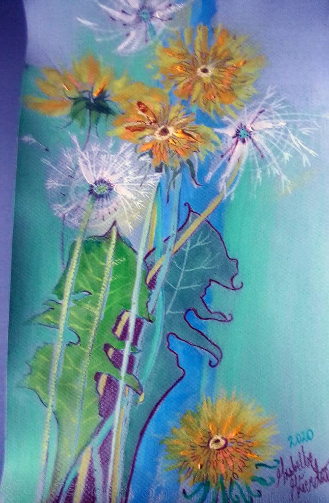 Obraz Izabelli Kierskiej pt. 'Dmuchawce' - malarstwo z motywem dmuchawców