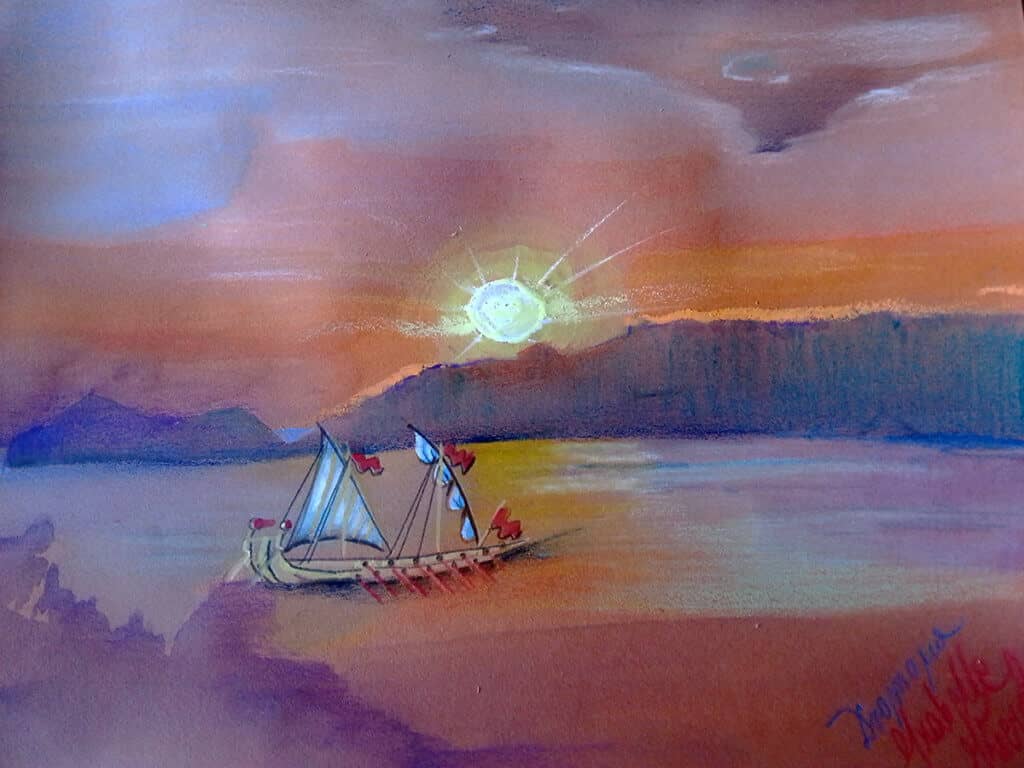 Obraz Izabelli Kierskiej pt. 'Dromona' - malarstwo z motywem morskim, statek