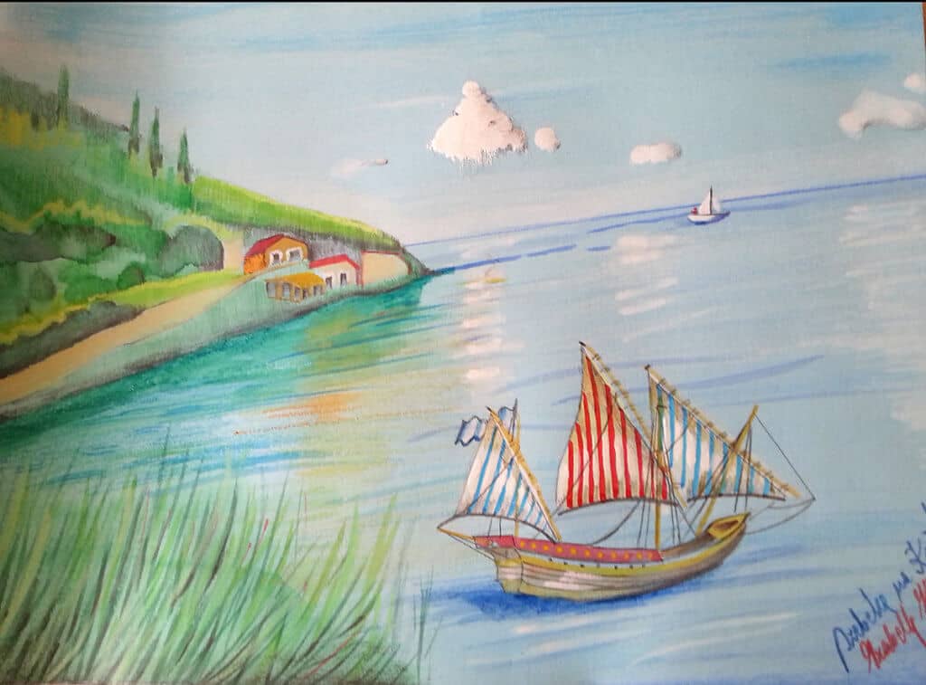 Obraz Izabelli Kierskiej pt. 'Szebeka' - malarstwo z motywem okrętu żaglowego