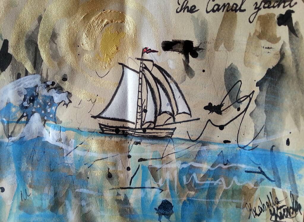 Obraz Izabelli Kierskiej pt. 'The Canal Yacht' - pejzaż z jachtem na kanale