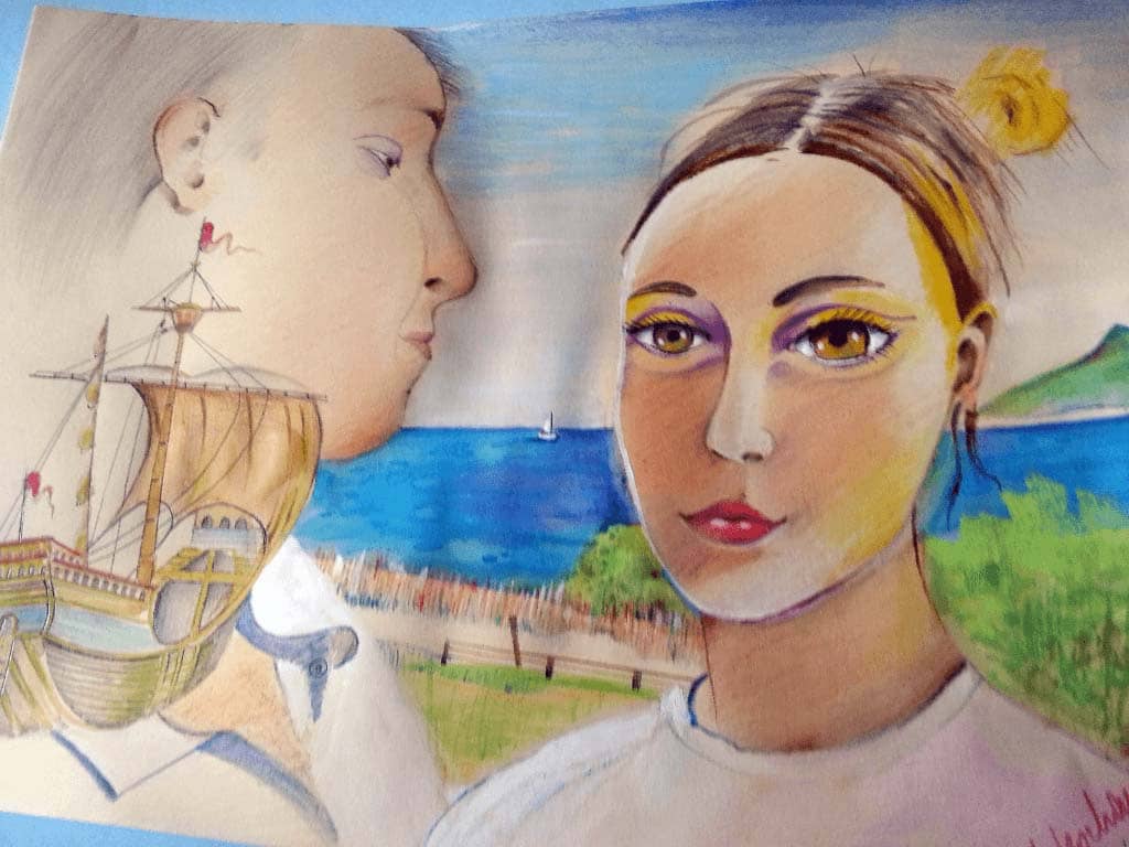 Obraz Izabelli Kierskiej pt. 'Zakochani' - scena z zakochaną parą