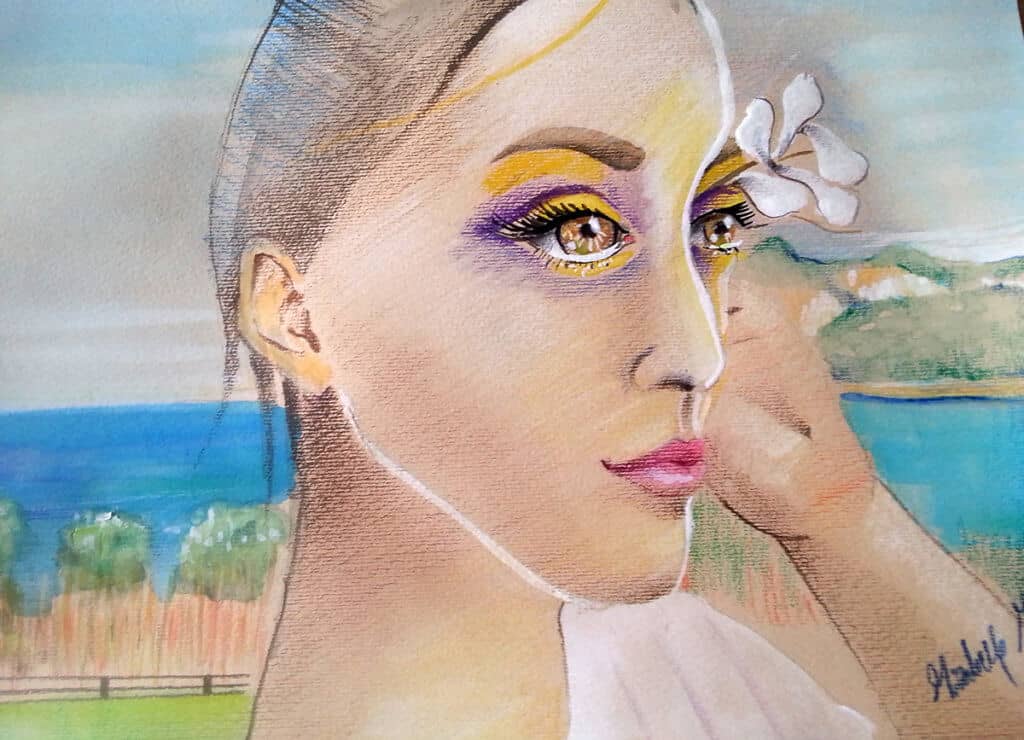 Obraz Izabelli Kierskiej pt. 'Złotooka' - portret kobiety o złotych oczach