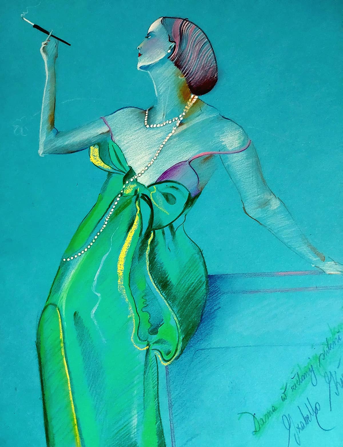 Obraz Izabelli Kierskiej pt. 'Dama w zielonej sukni' - portret kobiety w eleganckiej, zielonej sukni