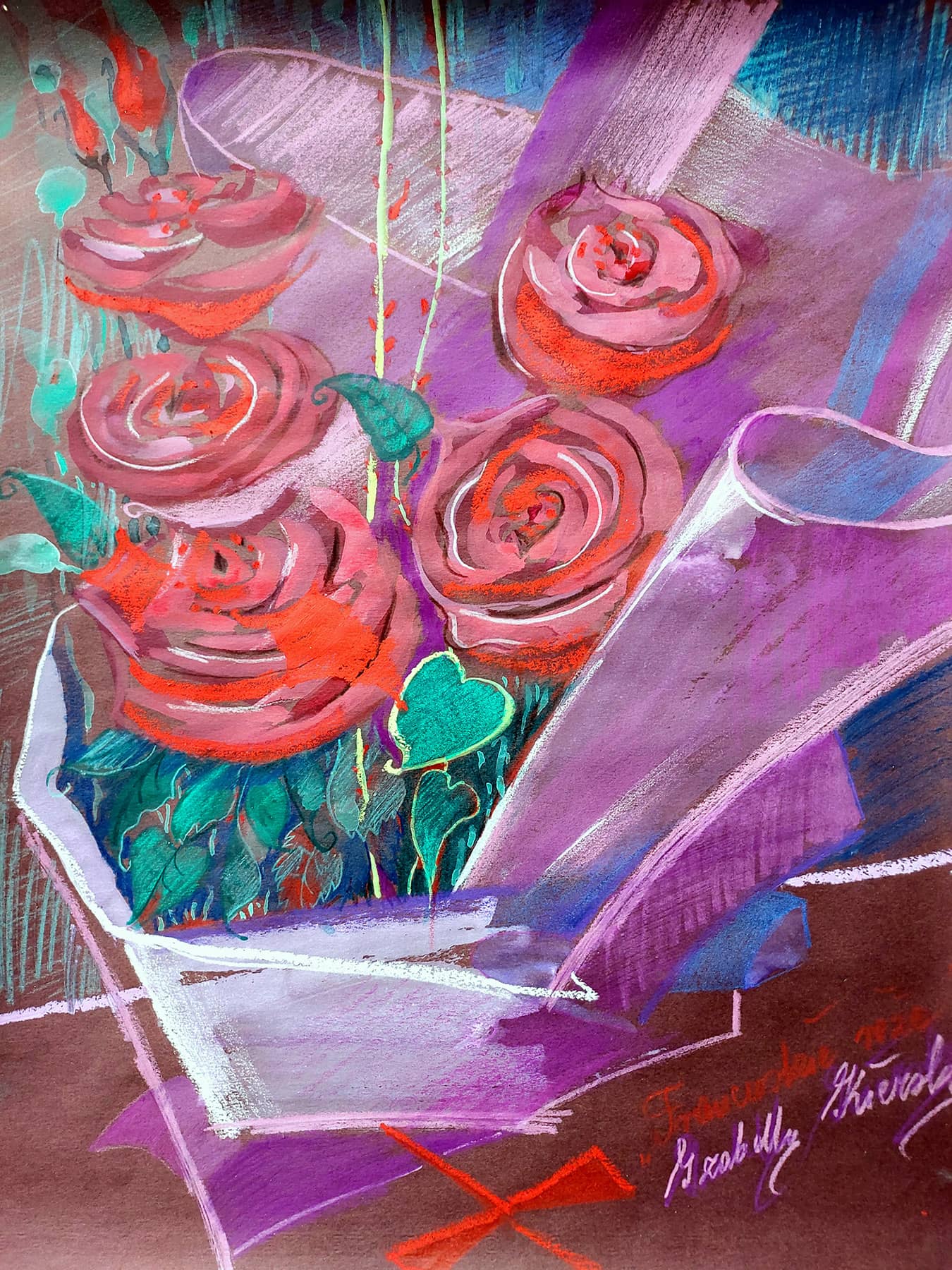 Obraz Izabelli Kierskiej pt. 'Francuskie róże' - malarstwo z bukietem francuskich róż