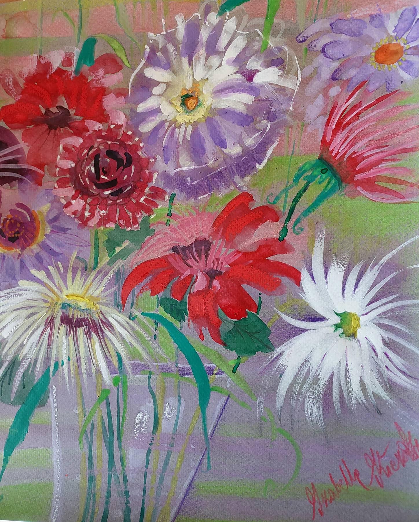 Obraz Izabelli Kierskiej pt. 'Kwiaty' - kompozycja malarska z kolorowymi kwiatami