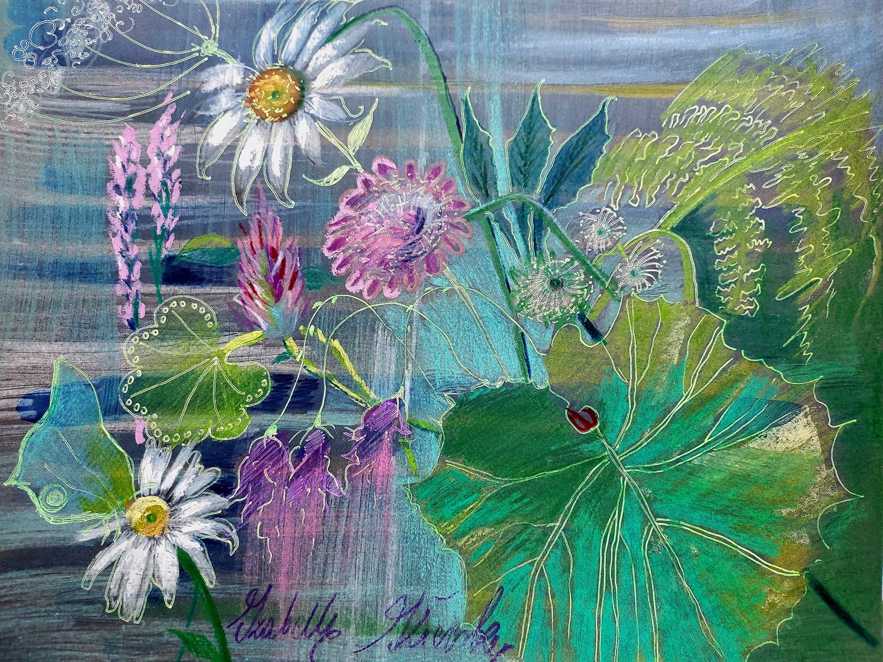 Obraz Izabelli Kierskiej pt. 'Leśna łączka' - pejzaż przedstawiający łąkę na skraju lasu