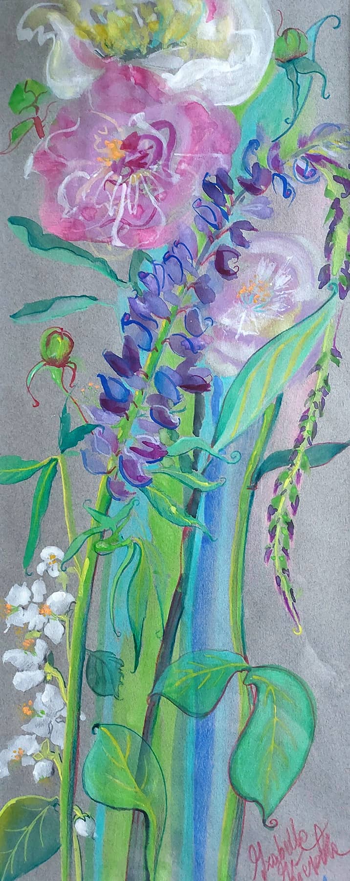 Obraz Izabelli Kierskiej pt. 'Malarski ogród' - pejzaż z ogrodem pełnym kwiatów