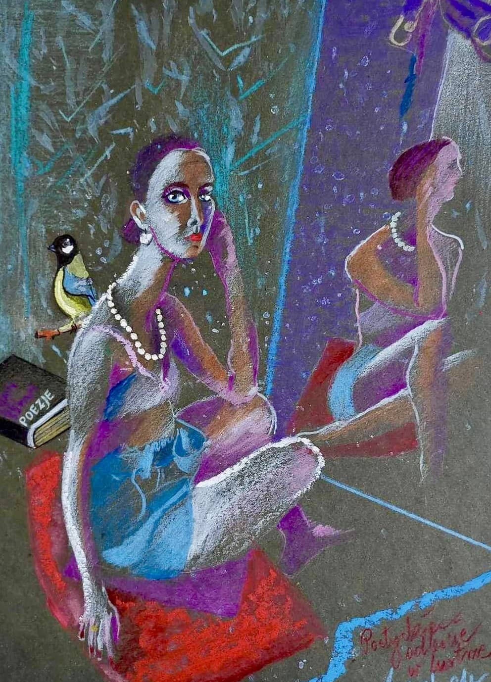 Obraz Izabelli Kierskiej pt. 'Poetyckie odbicie w lustrze' - scena z odbiciem postaci w lustrze