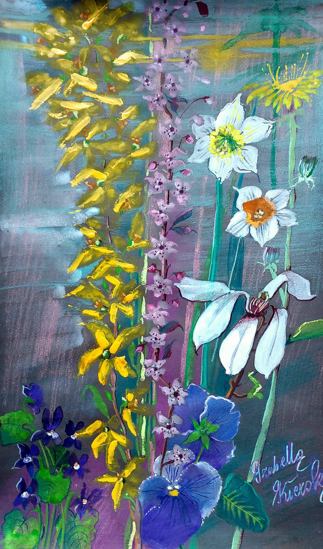 Obraz Izabelli Kierskiej pt. 'Wiosenna kompozycja' - martwa natura z wiosennymi kwiatami