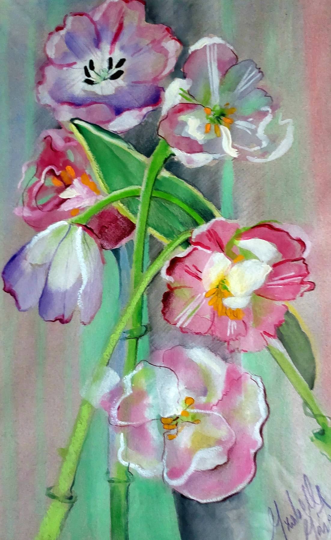 Obraz Izabelli Kierskiej pt. 'Wiosenne tulipany' - martwa natura z bukietem tulipanów